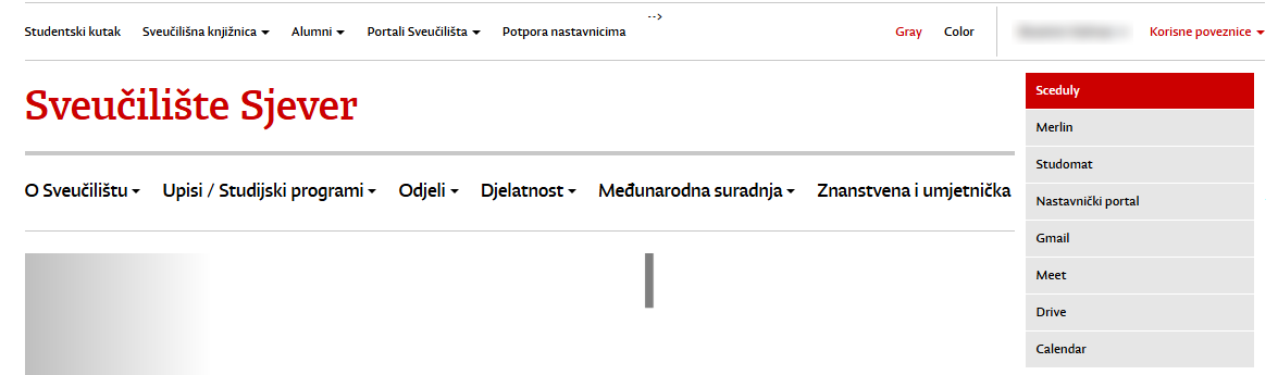 Naslovnica unin.hr s otvorenim izbornikom Korisne poveznice u kojem je prva stavka Sceduly