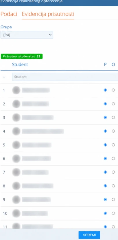 Kartica Evidencija prisutnosti: broj prisutnih studenata i popis studenata s oznakama P i O