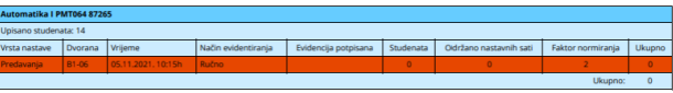 Isječak izvješća za predmet Automatika I: jedan redak, crveno označen, s evidencijom koja nije potpisana